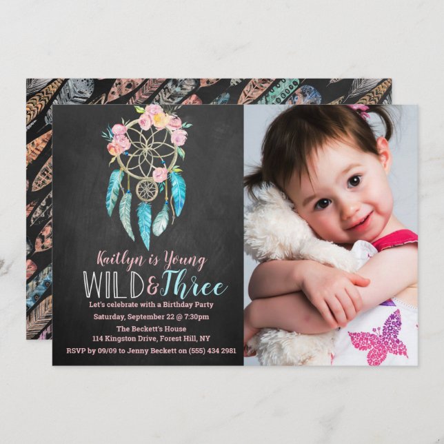 Young, Wild & Three Boho Photo Birthday Invitation (Front/Back)
