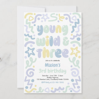 Young Wild & Three Confetti Balloon 3rd Birthday Invitation