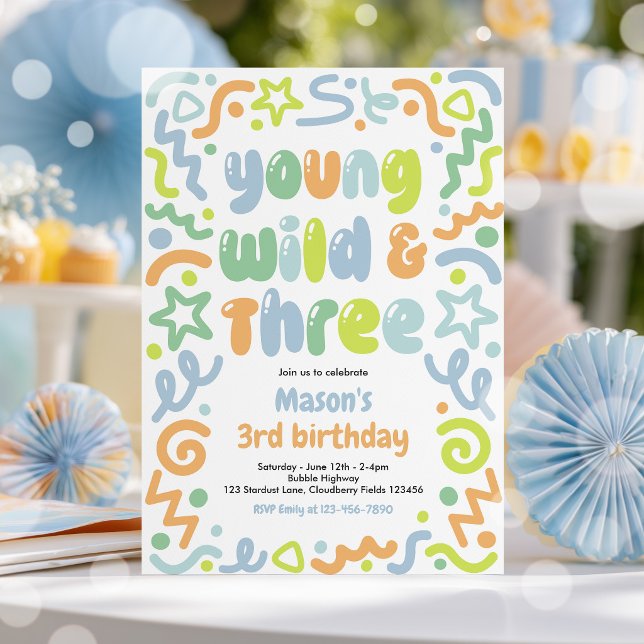 Young Wild & Three Confetti Balloon 3rd Birthday  Invitation (Creator Uploaded)