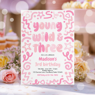 Young Wild & Three Confetti Balloon 3rd Birthday Invitation