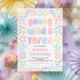 Young Wild & Three Confetti Balloon 3rd Birthday Invitation