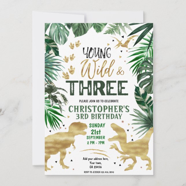 Young Wild & Three Dinosaur Birthday  Invitation (Front)