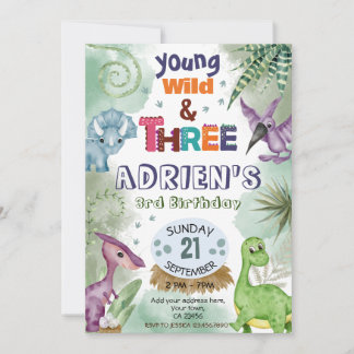 Young Wild & Three Dinosaur Birthday  Invitation