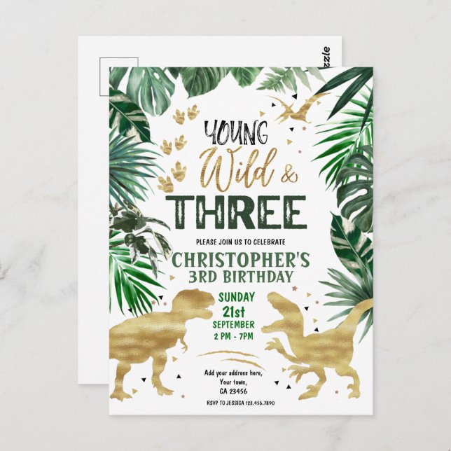 Young Wild & Three Dinosaur Birthday  Postcard (Front/Back)
