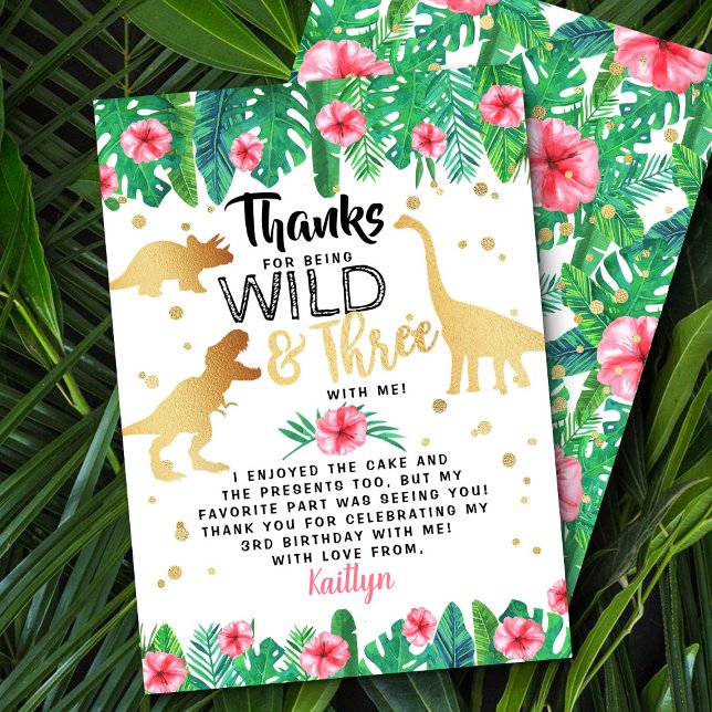 Young Wild & Three Dinosaur Girls Third Birthday Thank You Card (Creator Uploaded)