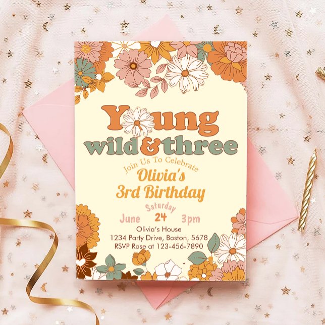 Young Wild Three Floral 3rd Birthday Invitation (Creator Uploaded)