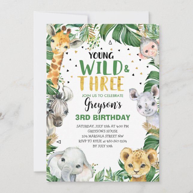 Young Wild & Three Floral Boy Jungle 3rd Birthday Invitation (Front)