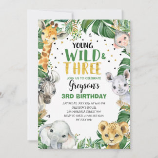 Young Wild & Three Floral Boy Jungle 3rd Birthday Invitation