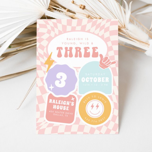Young Wild & Three | Girls 3rd Retro Birthday Invitation (Creator Uploaded)