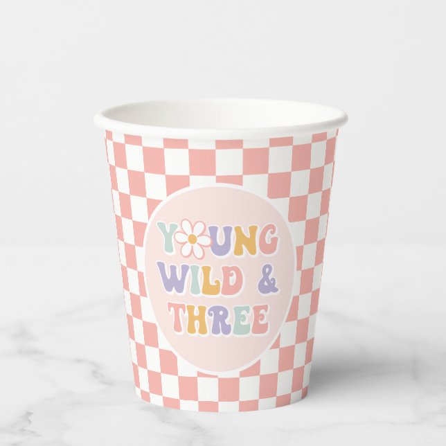Young Wild Three Groovy Pink Daisy Chequered Paper Cups (Front)