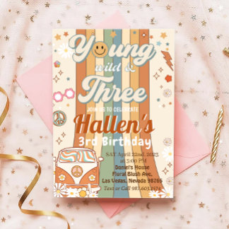 Young Wild & Three Groovy Rainbow 3rd Birthday Invitation