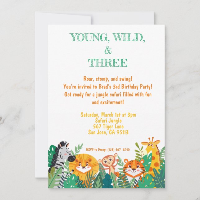 Young, Wild, & Three Jungle Birthday Invitation (Front)