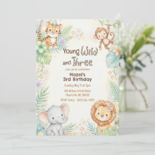 Young Wild & Three Jungle Safari Animals Birthday  Invitation