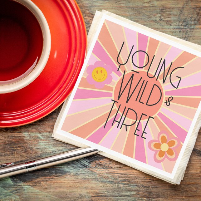 Young, Wild & Three | Kid Birthday Napkin | Pink (Creator Uploaded)