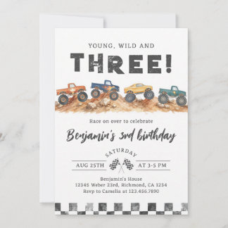 Young Wild Three Monster Truck 3rd Birthday Invitation