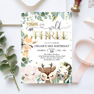 Young Wild & Three Party Animals Boy 3rd Birthday Invitation