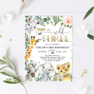 Young Wild & Three Party Animals Girl 3rd Birthday Invitation