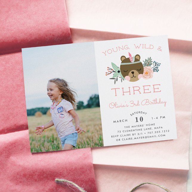 Young, Wild & Three | Photo Birthday Party Invite (Creator Uploaded)