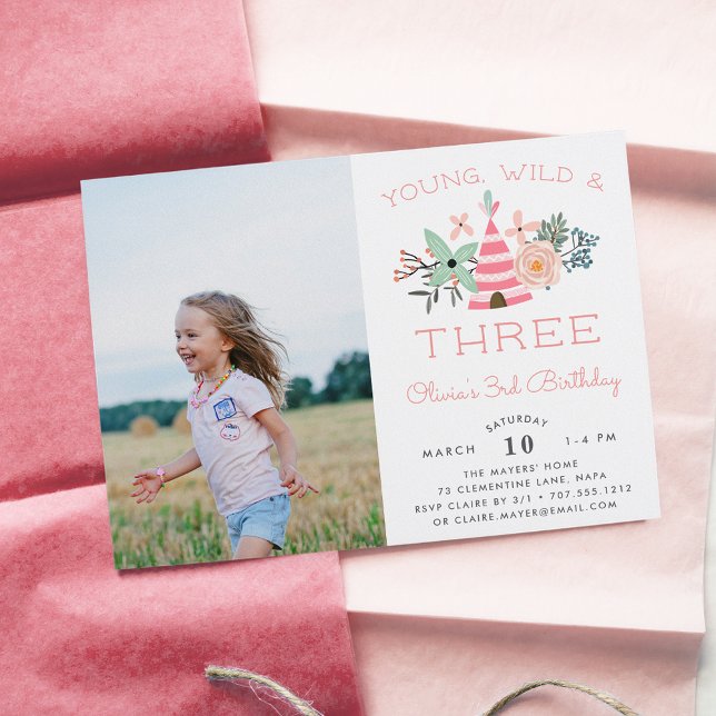 Young, Wild & Three | Photo Birthday Party Invite (Creator Uploaded)