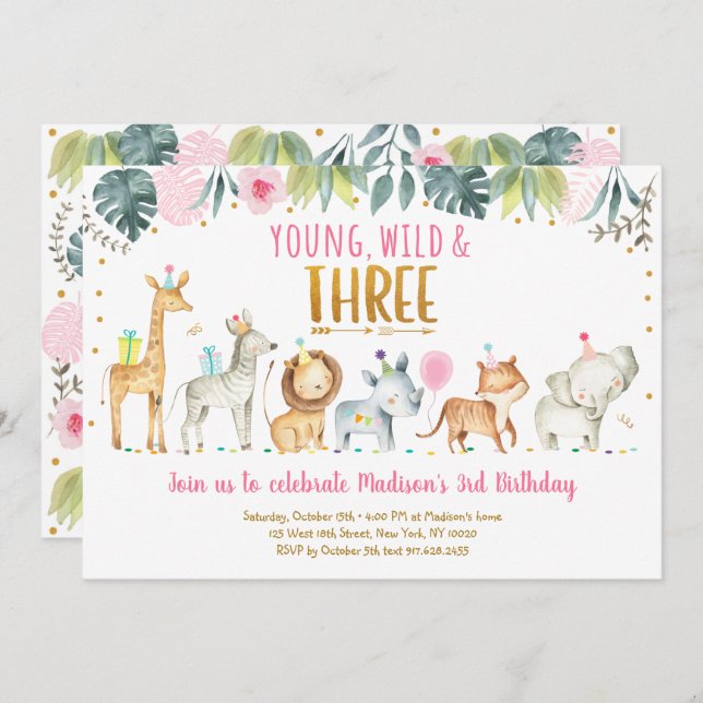 Young Wild & Three Pink Safari Birthday Invitation (Front/Back)