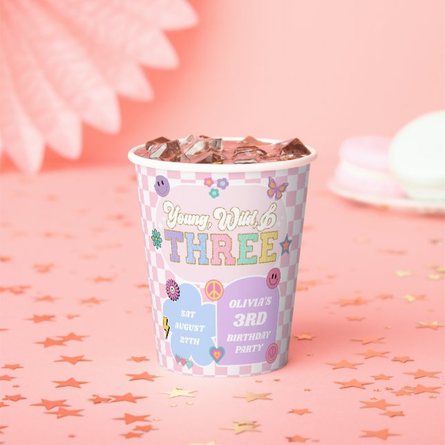Young Wild & Three Preppy Patch 3rd Birthday Party Paper Cups (Insitu)