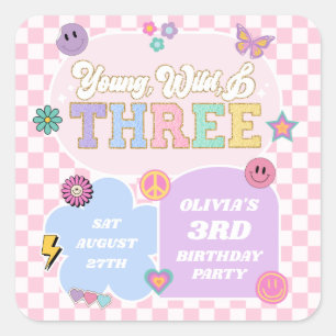Young Wild & Three Preppy Patch 3rd Birthday Party Square Sticker