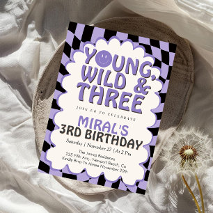 Young Wild & Three Purple Retro Girl 3rd Birthday Invitation