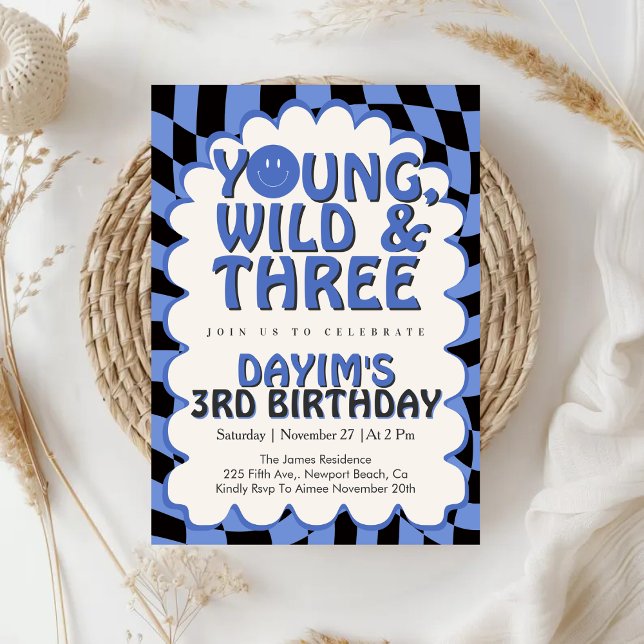 Young Wild & Three Retro Blue Boy 3rd Birthday Invitation (Creator Uploaded)