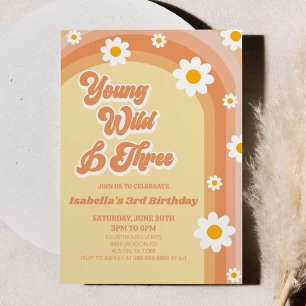 Young Wild & Three Retro Daisy 3rd Birthday Party Invitation