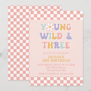 Young Wild Three Retro Daisy Chequered 3rd Birthda Invitation