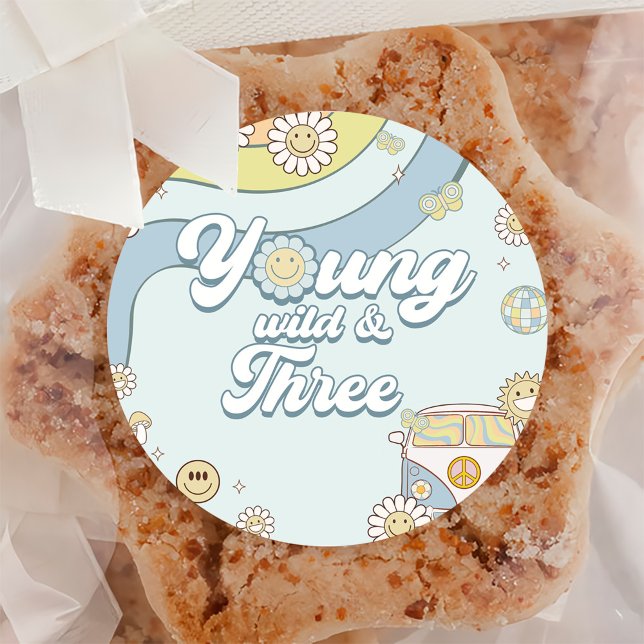 Young Wild Three Retro Rainbow 3rd Birthday Classic Round Sticker (Creator Uploaded)