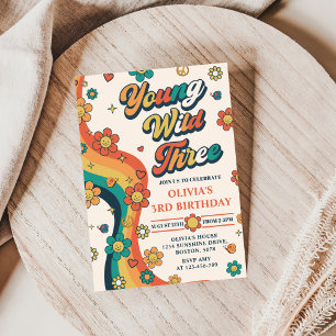 Young Wild Three Retro Rainbow 3rd Birthday  Invitation