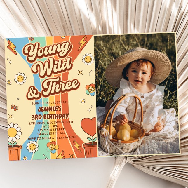 Young Wild Three Retro Rainbow 3rd Birthday Photo Invitation (Creator Uploaded)