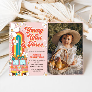 Young Wild Three Retro Rainbow 3rd Birthday Photo Invitation
