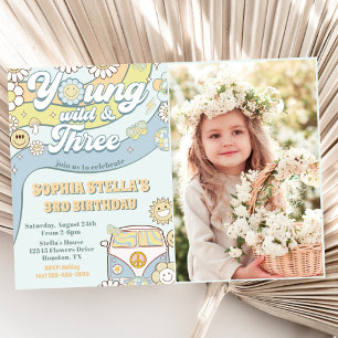 Young Wild Three Retro Rainbow 3rd Birthday Photo Invitation