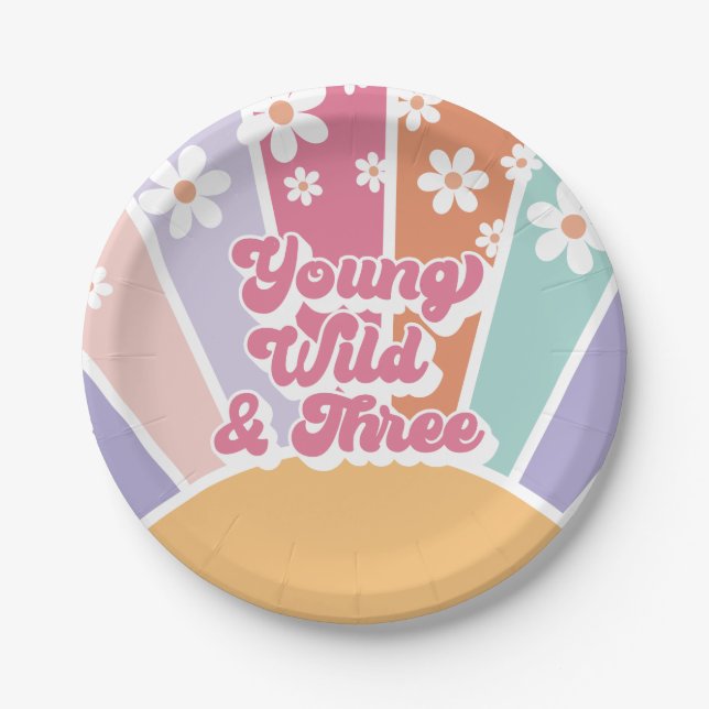 Young Wild Three Retro Sunshine Rainbow Daisy Paper Plate (Front)