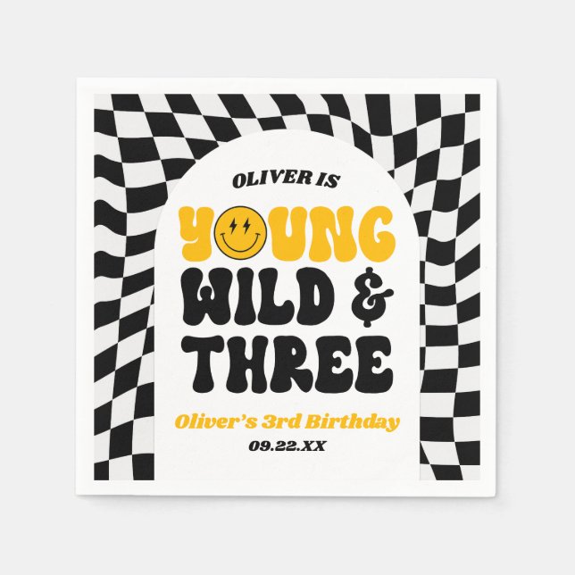 Young Wild & Three Retro Third 3rd Birthday Party Napkin (Front)