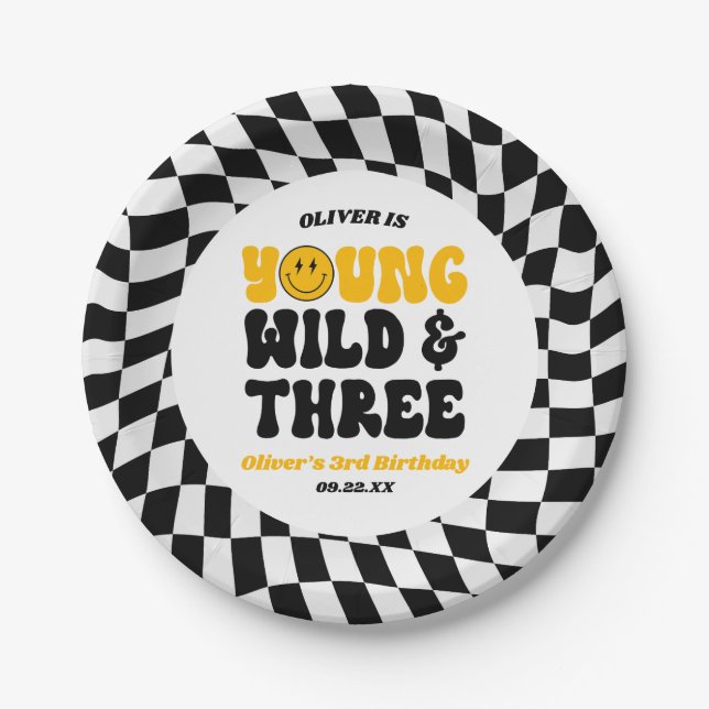 Young Wild & Three Retro Third 3rd Birthday Party Paper Plate (Front)