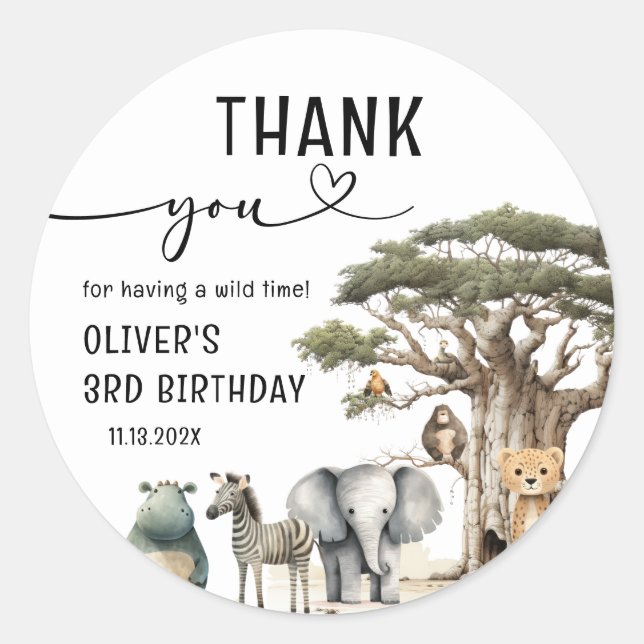 Young Wild Three Safari 3rd Birthday Thank You Classic Round Sticker (Front)