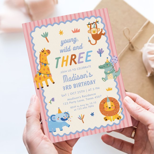 Young Wild & Three Safari Animals 3rd Birthday Invitation (Creator Uploaded)