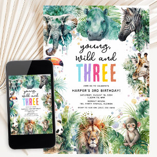 Young Wild & Three Safari Animals 3rd Birthday Invitation