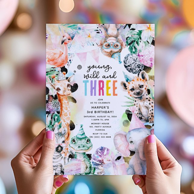 Young Wild & Three Safari Animals 3rd Birthday Invitation (Creator Uploaded)