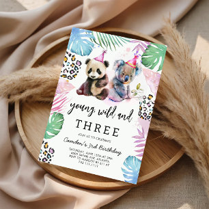 Young Wild & Three Safari Animals Birthday  Invitation