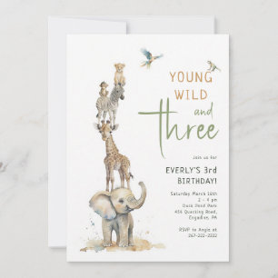 Young Wild & Three Safari Animals Birthday Invitation