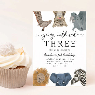 Young Wild Three Safari Animals Boy Birthday Invitation