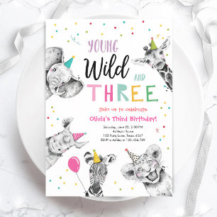 Young Wild Three Safari Animals Girl Birthday Invitation