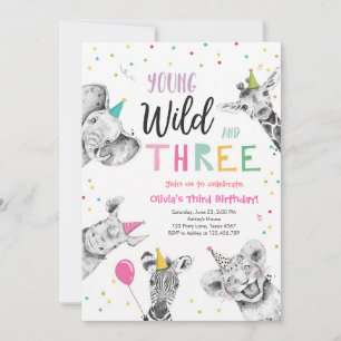 Young Wild Three Safari Animals Girl Birthday Invitation