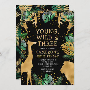 Young Wild Three Safari Green Black 3rd Birthday Invitation