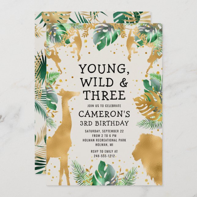 Young Wild Three Safari Green Ecru 3rd Birthday Invitation (Front/Back)