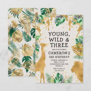 Young Wild Three Safari Green Ecru 3rd Birthday Invitation